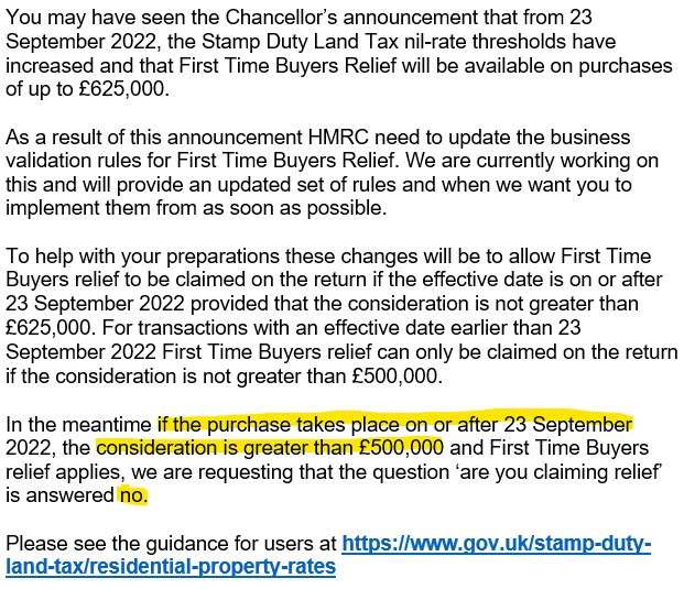 SDLT and FTB relief if over £500k advice from HMRC